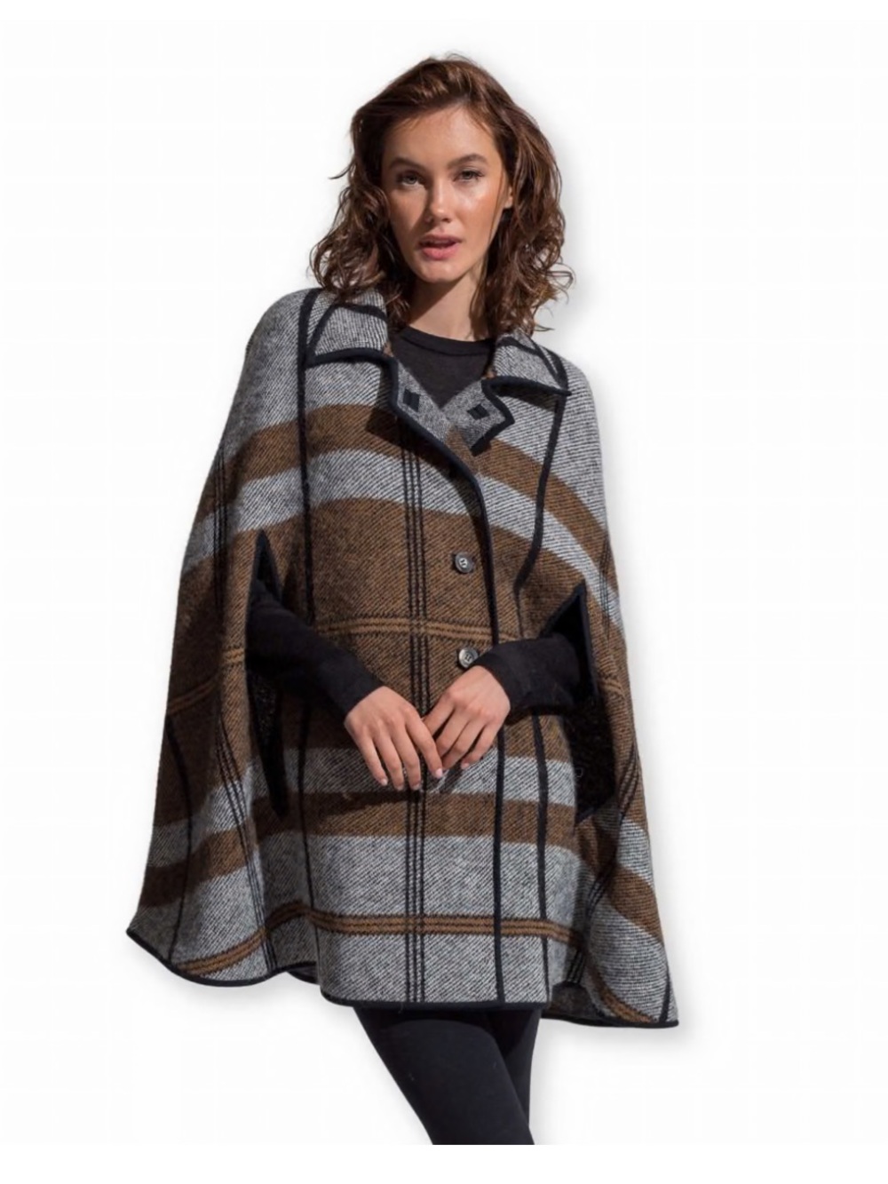 Pure Alpaca Alicia Adams Alpaca Brown and Gray Plaid  Cape Coat